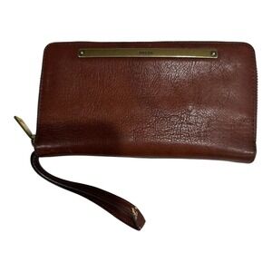 Fossil Liza Slim Bifold Clutch Wallet Brown Leather Wristlet‎ Purse Flaw*